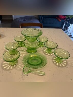 Antique Uranium Glass Jeannette-Federal-Heisey 10pc set-Cups - Ladel-Grave-Bowl